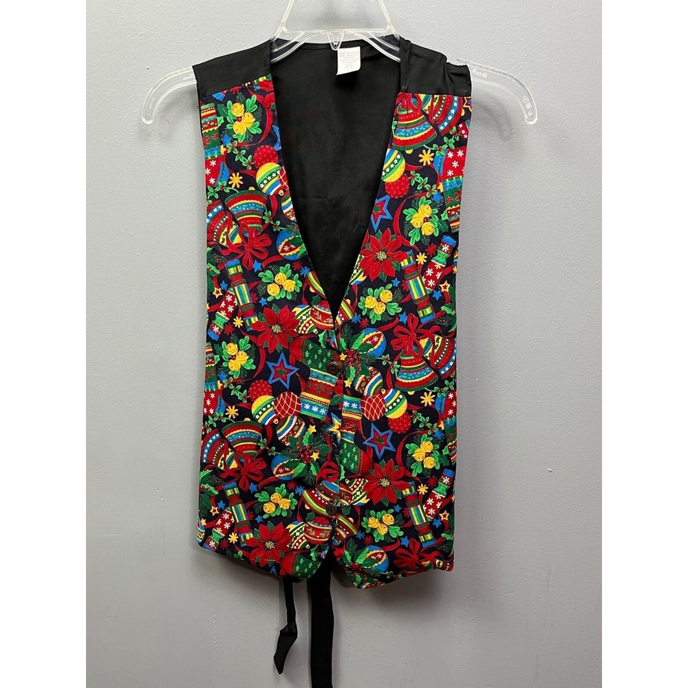 Christmas Vest Womens Medium Black Multi Holiday Ornaments Colorful Xmas